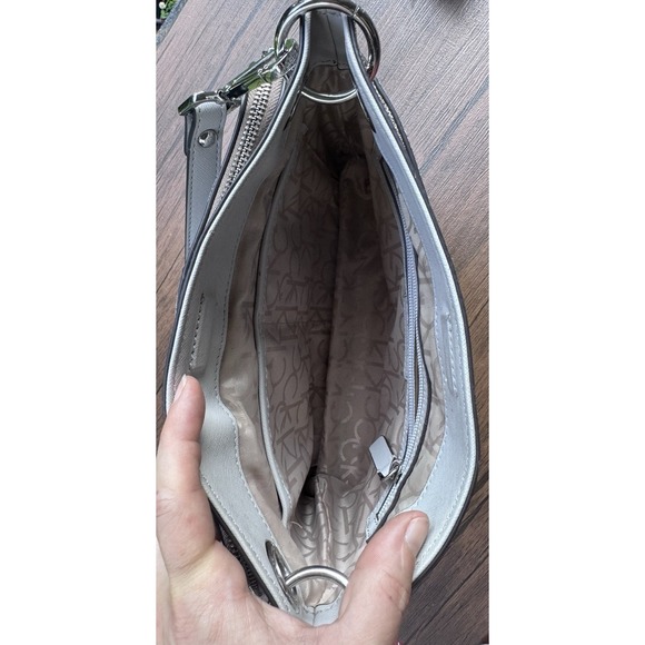 Calvin Klein Grey Handbag/Purse Adjustable Strap All Over Logo Silver Accents - Picture 6 of 12